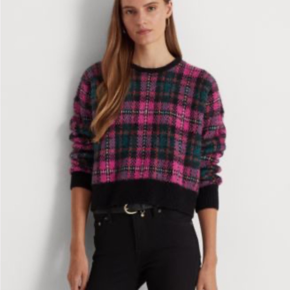 Lauren Black Label Ralph Lauren Plaid Wool Blend Sweater XL Pink
